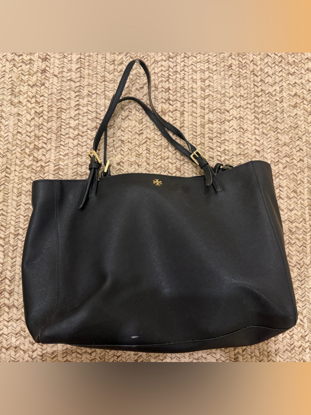 Tory Burch Black Leather Double-Strap Tote with Gold Logo